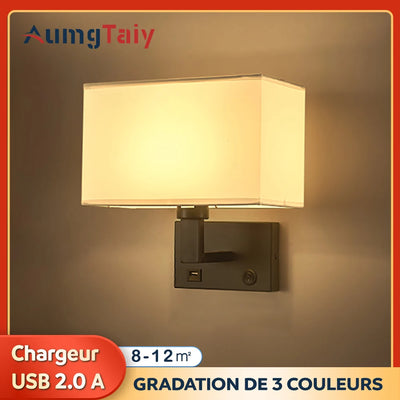 Applique murale LED E27 rotative avec abat-jour en tissu gris dans une chambre moderne