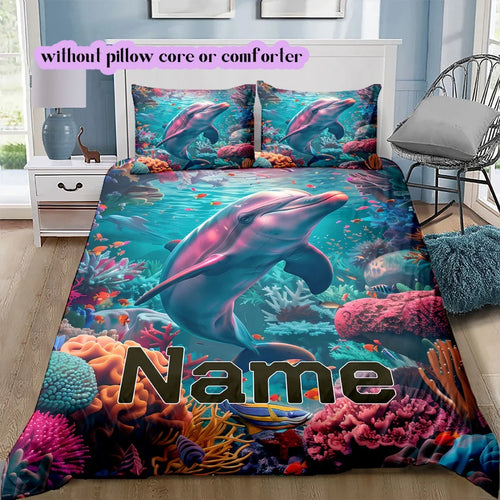 housse couette parure lit imprimée dauphin sous marin multicolore moderne oreillers bleu vert rose