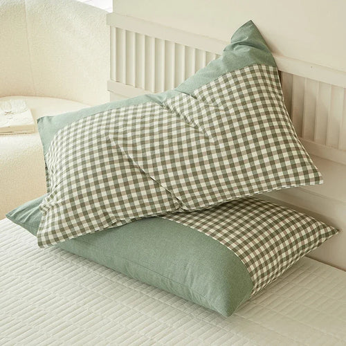 taie d'oreiller coton 100% motif carreaux moderne lit chambre décoration maison jaune bleu