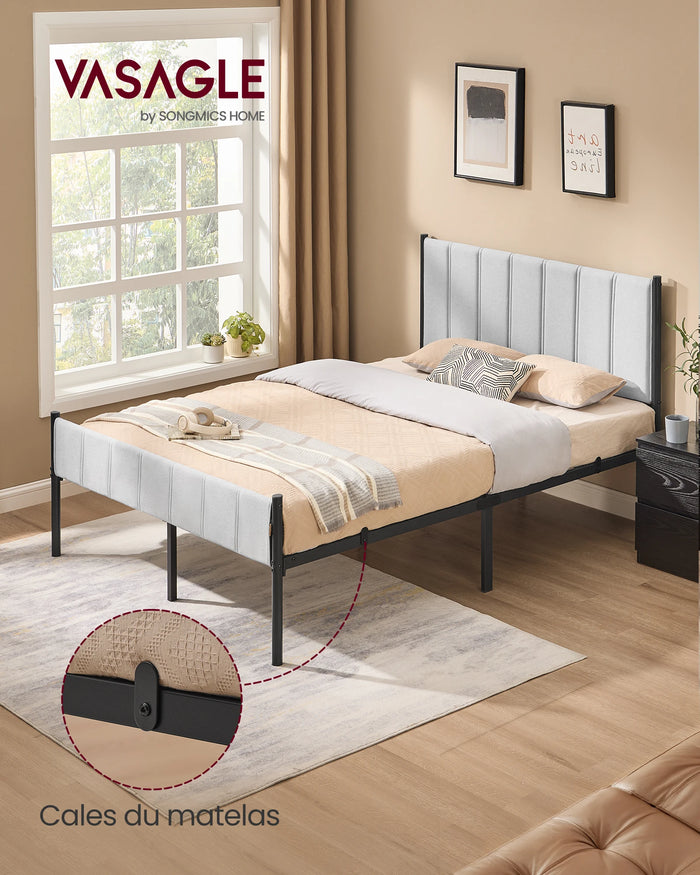 Cadre de lit double gris tourterelle avec tête de lit rembourrée, design minimaliste