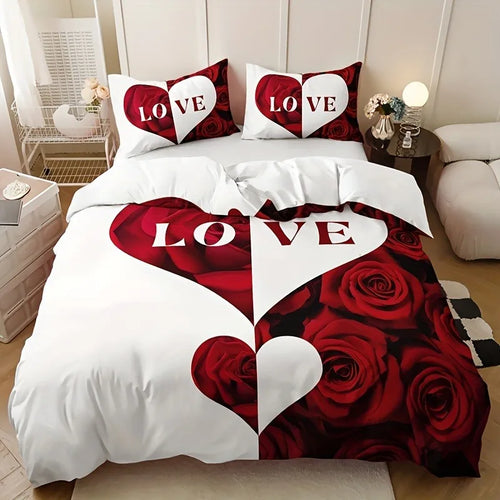 Housse de couette cœur d'amour rouge et blanc sur un lit