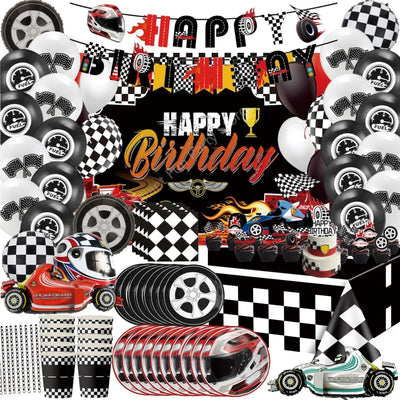 Kit décoration anniversaire voiture de course avec assiettes et nappe
