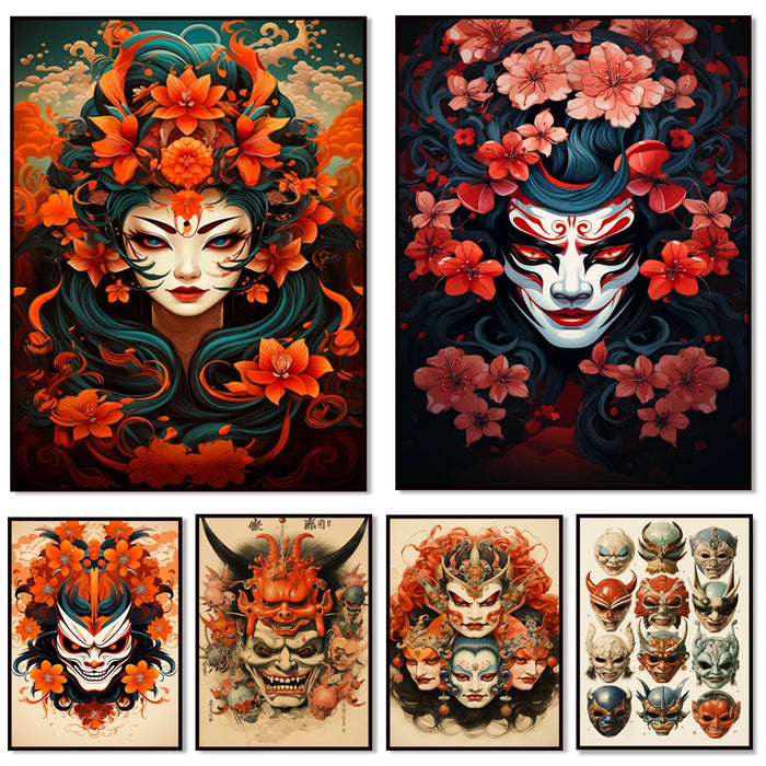 Une collection d'illustrations colorées et détaillées représentant des visages et masques japonais ornés de fleurs rouges et orangées, créant une atmosphère mystique et fascinante.