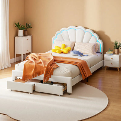 Lit enfant blanc avec tête de lit en forme de fleur et éclairage LED