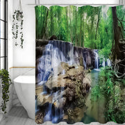 rideau douche imprimé paysage cascade végétation arbres fougères tropical naturel vert marron bleu blanc