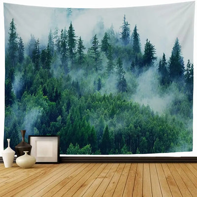 Tapisserie murale forêt de brouillard et montagnes vert foncé