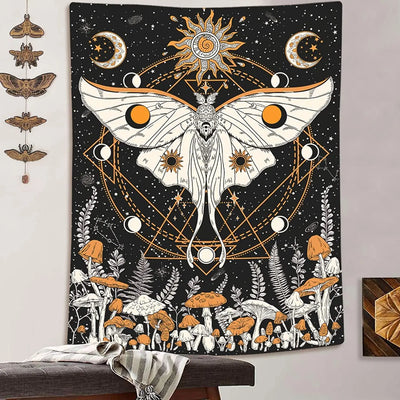 Tapisserie murale psychédélique macramé motifs soleil lune étoiles décoration chambre ado