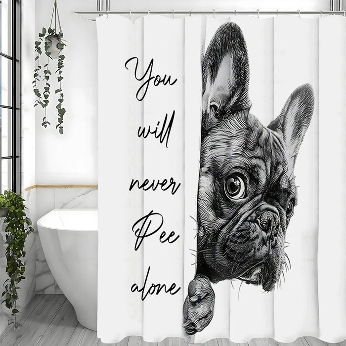 rideau douche humoristique chien texte salle bain opaque anneaux métalliques polyester moderne blanc noir