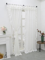 rideau blanc plissé fixe velours semi transparent romantique shabby chic franges tringle métallique valance