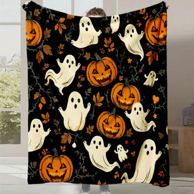 Un fond sombre orné de fantômes blancs et de citrouilles sculptées d'Halloween, créant une ambiance festive et mystérieuse pour la période d'Halloween.