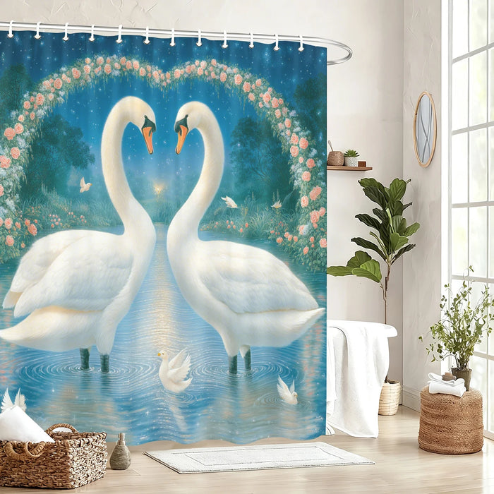 rideau douche impression numérique oiseaux cygnes fleurs blanc bleu rose vert opacité anneaux métalliques