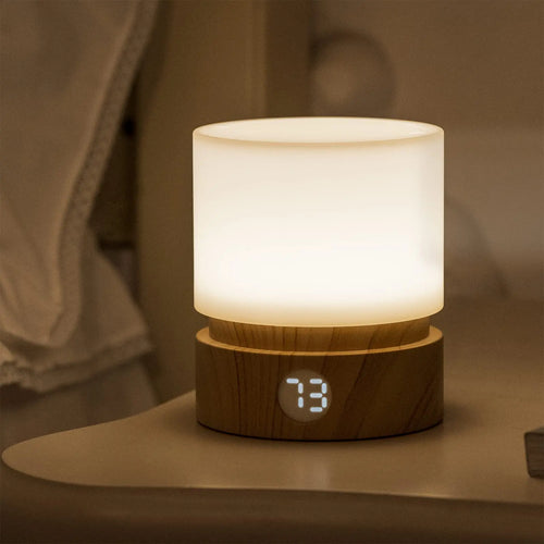 lampe chevet rechargeable led blanc texture bois moderne minimaliste affichage numérique tactile
