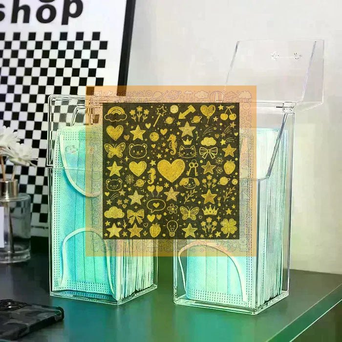 boîtes rangement masques transparentes imprimées motifs modernes poignées anneaux différents couleurs