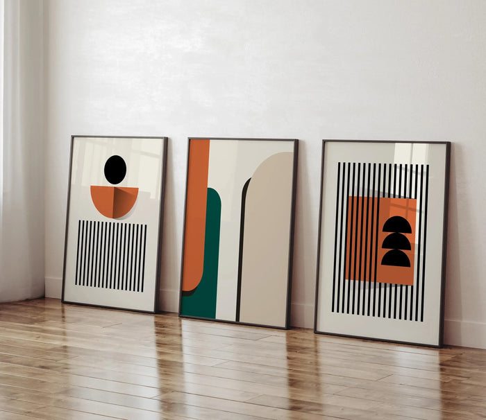 affiches abstraites vert beige orange moderne minimaliste lignes horizontales cercles géométriques salon chambre