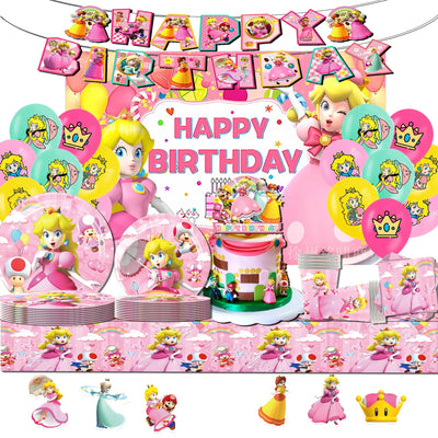 Décoration anniversaire princesse Mario Peach avec bannière et drapeaux suspendus