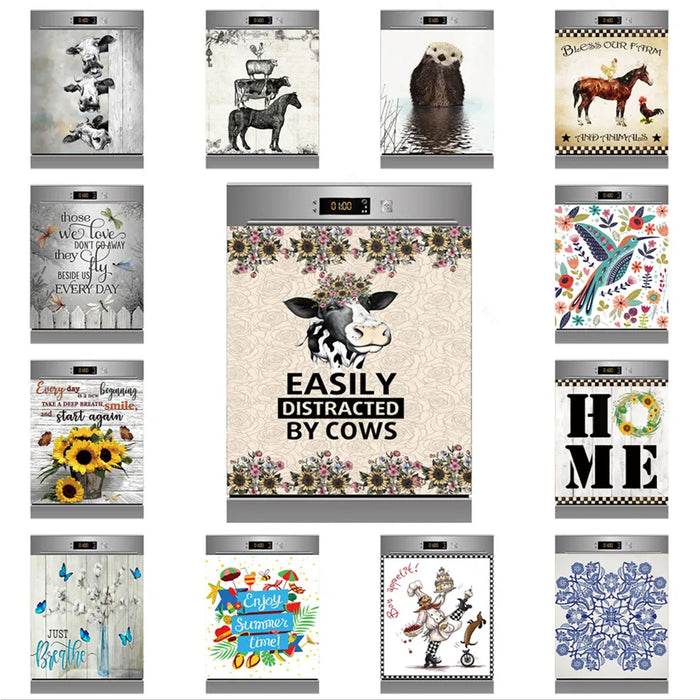 Autocollant mural vache pour lave-vaisselle sur fond de cuisine moderne