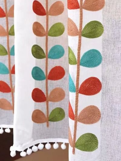 Cantonnière de rideau en voile transparent brodé motifs feuilles pour fenêtre