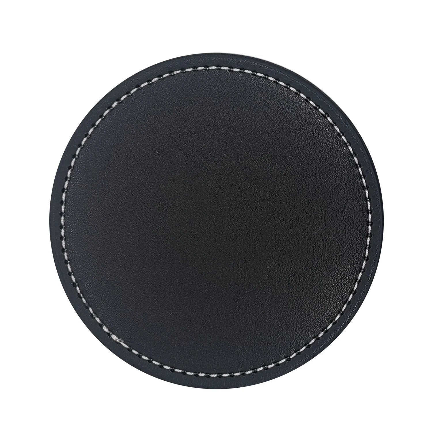 Disque en cuir noir avec une finition lisse et des surpiqûres blanches, convenant à une utilisation décorative ou fonctionnelle.