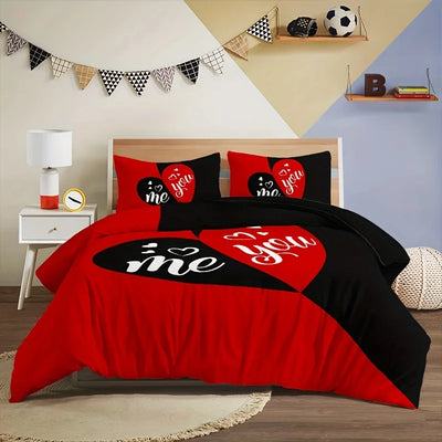 Housse de couette coeurs noir et rouge sur lit double