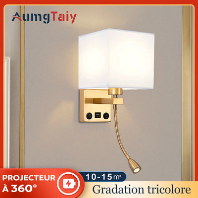 Lampe murale LED design avec abat-jour blanc et base dorée