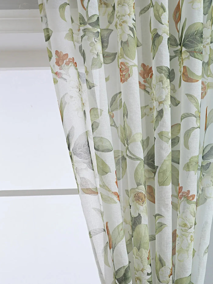 rideau moderne fleuri blanc vert orange beige translucide maison polyester