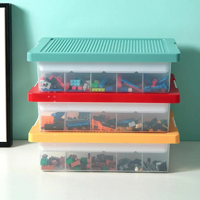 Boîte de rangement transparente pour Lego avec couvercle gris ouvert