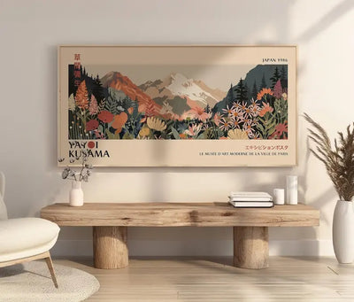Grand tableau mural japonais paysage floral rouge