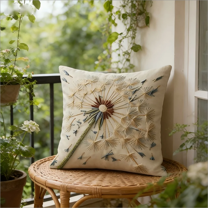 housse coussin carré pissenlit brodé artisanal beige polyester lit decorationintérieur