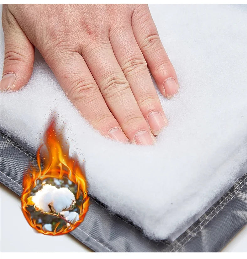 Main posée sur un rembourrage en coton épais et ignifuge, illustrant l’isolation thermique et la résistance au feu du matériau avec une icône de flamme et coton en feu en bas à gauche.