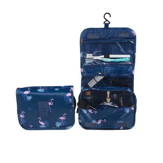 sac maquillage suspendu bleu fleurs poches intérieures moderne salle bain étanche réutilisable