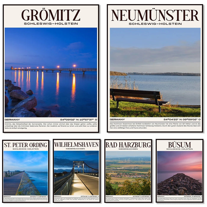 Affiches touristiques d'endroits pittoresques de Schleswig-Holstein, en Allemagne, montrant des paysages et des attractions naturelles de la région.
