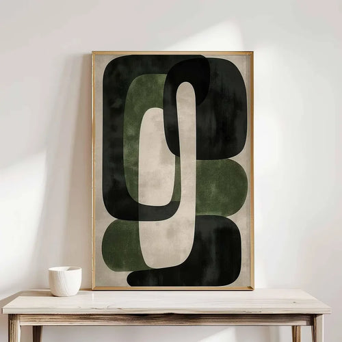 tableau toile abstrait moderne vert noir beige cadre bois décoration murale salon chambre minimaliste