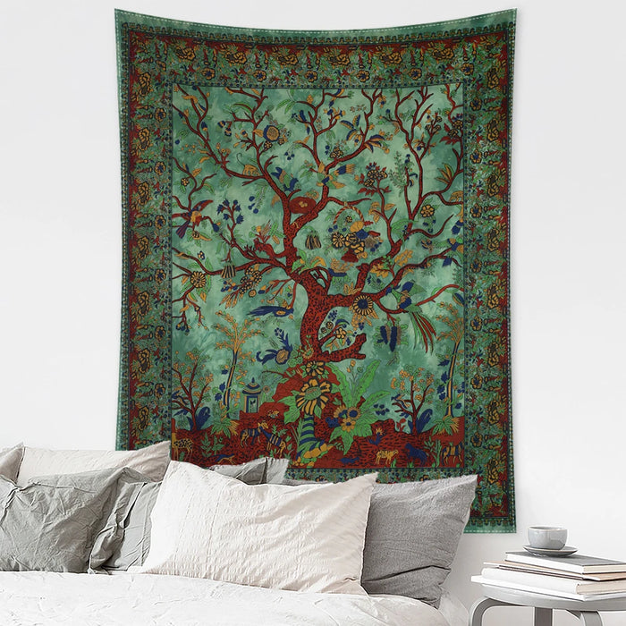 tapisserie murale rétro arbres oiseaux fleurs verte rouge bleue artisanale salon décoration maison