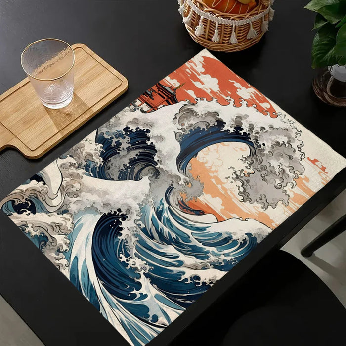 Napperon de table japonais motifs vagues tsunami en lin vert