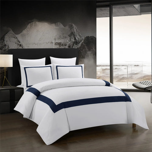 parure lit complète housse couette taies oreiller bleu marine rayures blanches