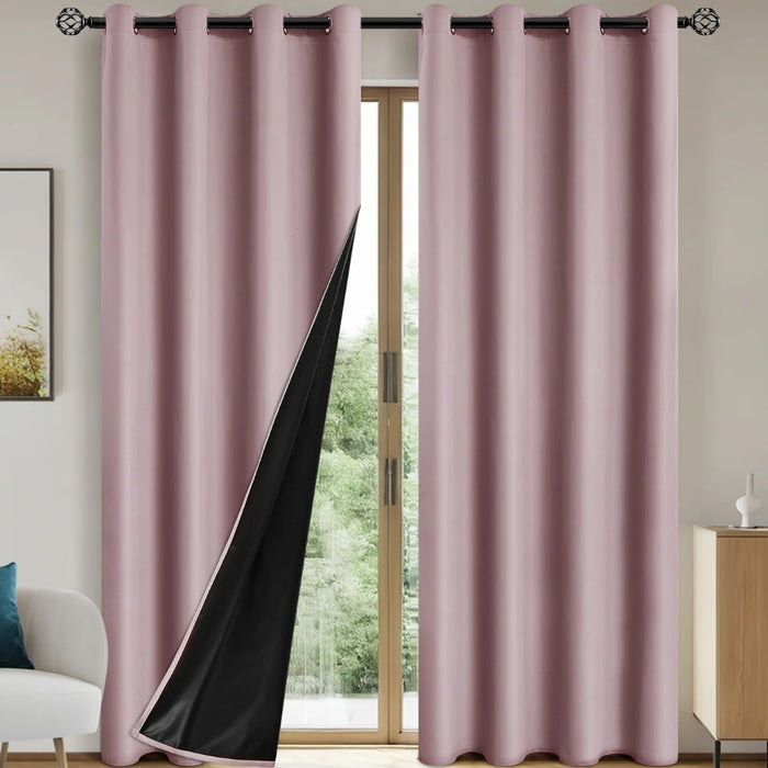 Rideaux occultants thermiques couleur rose pastel avec doublure noire, parfaits pour la chambre ou le salon. Idéal pour bloquer la lumière et réduire le bruit tout en ajoutant une touche élégante à votre décoration intérieure. Faciles à installer grâce aux œillets intégrés.