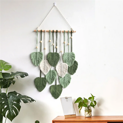 Tapisserie murale macramé vert feuilles tissée main décoration bohème