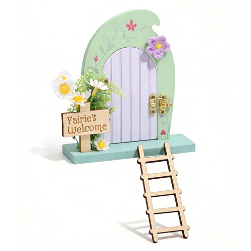 porte fée miniature escalier fleurs crochet plaque bienvenue fées décor bois fleuri vintage chambre