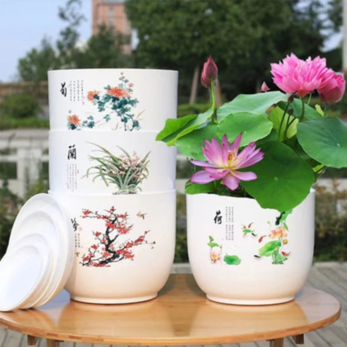 Pot de fleur design imitation céramique blanc avec plateau