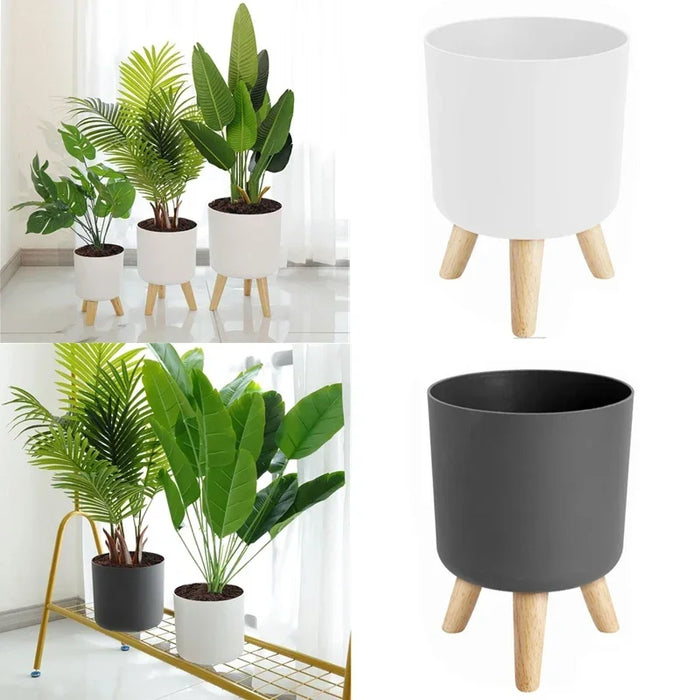 Pot de fleur sur pied en bois et plastique blanc dans un salon moderne