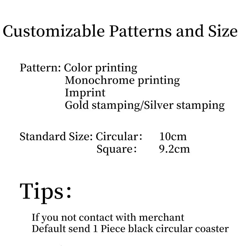alt : Image montrant les motifs et tailles personnalisables pour un produit, avec des options de couleur, d'impression monochromatique, de dorure et d'argenture, ainsi que des dimensions standard circulaire et carrée. Un conseil est également fourni si le client ne communique pas avec le marchand.