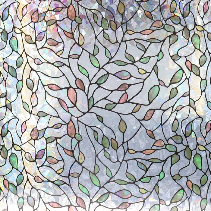film décoratif fenêtre feuilles stylisées semi transparent vert rose bleu blanc artisanal adhésif isolation