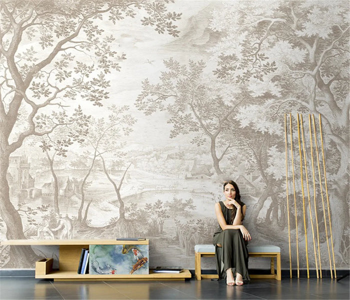Papier peint mural TV arbre peint à la main en noir et blanc gris pour salon