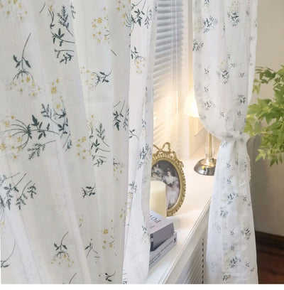 rideau floral blanc motif pois vert champêtre bohème translucide tringle fixe chambre salon