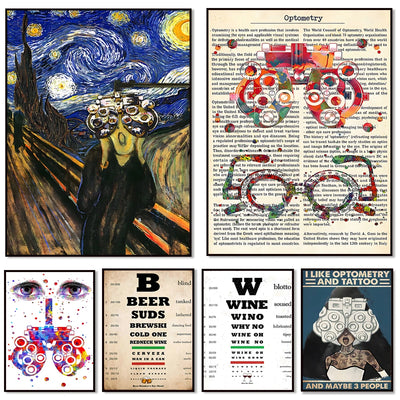 Cette image composite présente des éléments liés à l'optométrie, au vin et à la bière, ainsi qu'un slogan humoristique faisant référence à l'optométrie et aux tatouages.