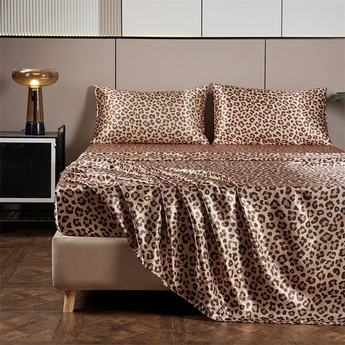 draps lit imprimés léopard beige moderne 600s satin king queen twin 4pcs