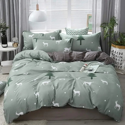 Housse de couette verte saige motif élan cerf arbre de Noël sur lit Queen