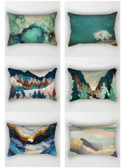 housse coussin décorative paysages montagneux arbres forêts textures aquarelles bleu foncé vert émeraude orange