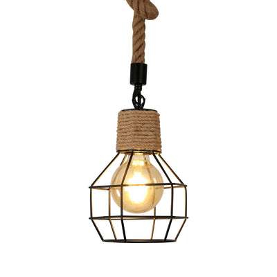 Suspension luminaire 3 lampes vintage en bois noir avec corde de chanvre
