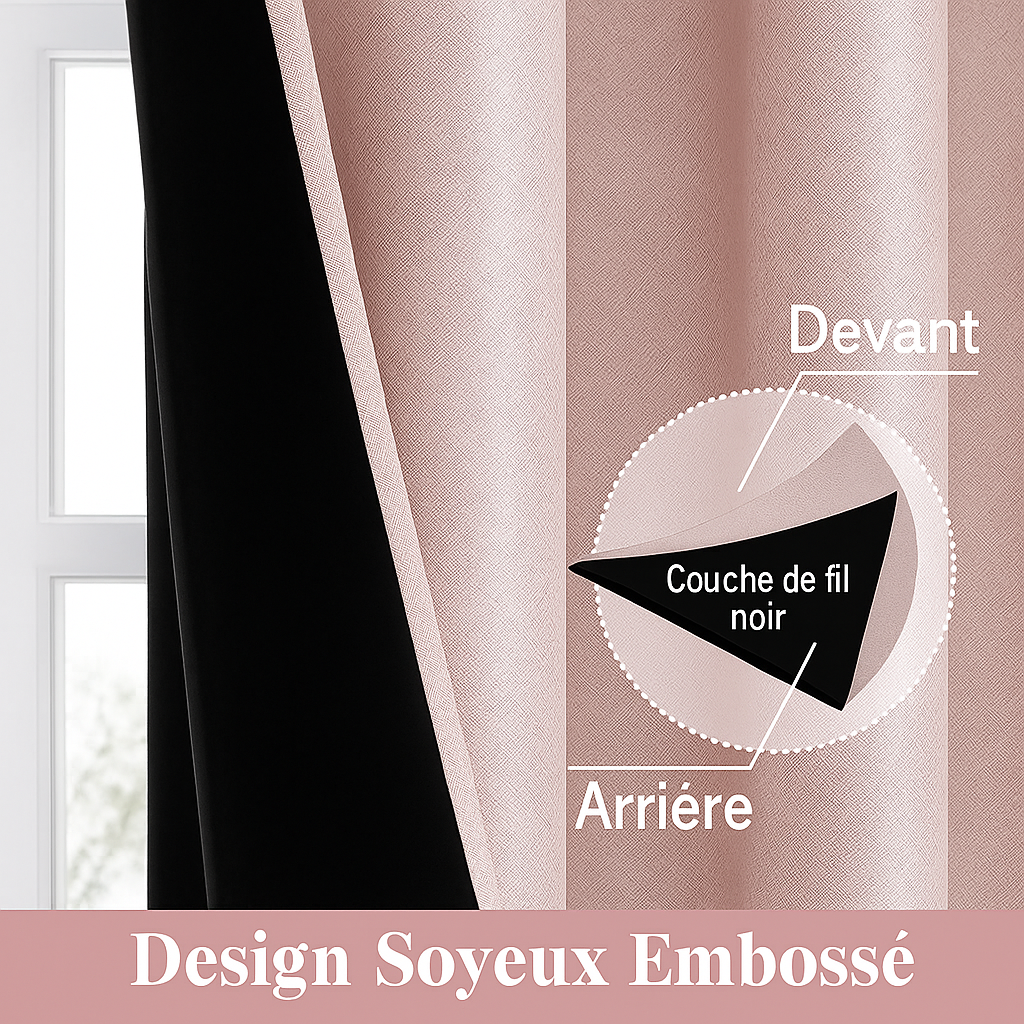 Gros plan sur la structure d’un rideau rose soyeux avec couche de fil noir, montrant l'avant et l'arrière du tissu et son design embossé